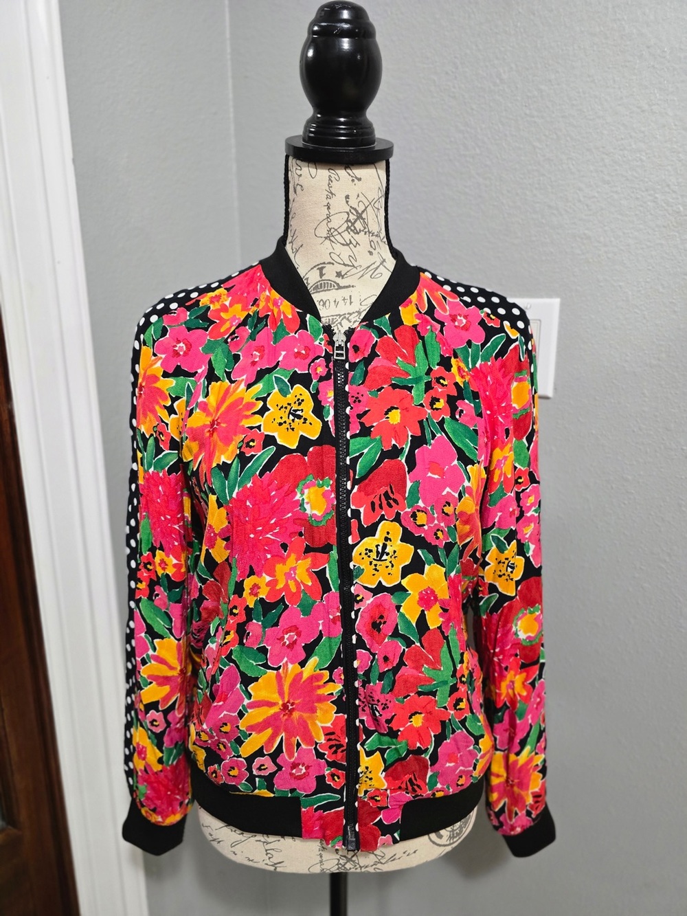 Zara TRF Womens S Multicolor Floral Polka Dot Bomber Zip Jacket